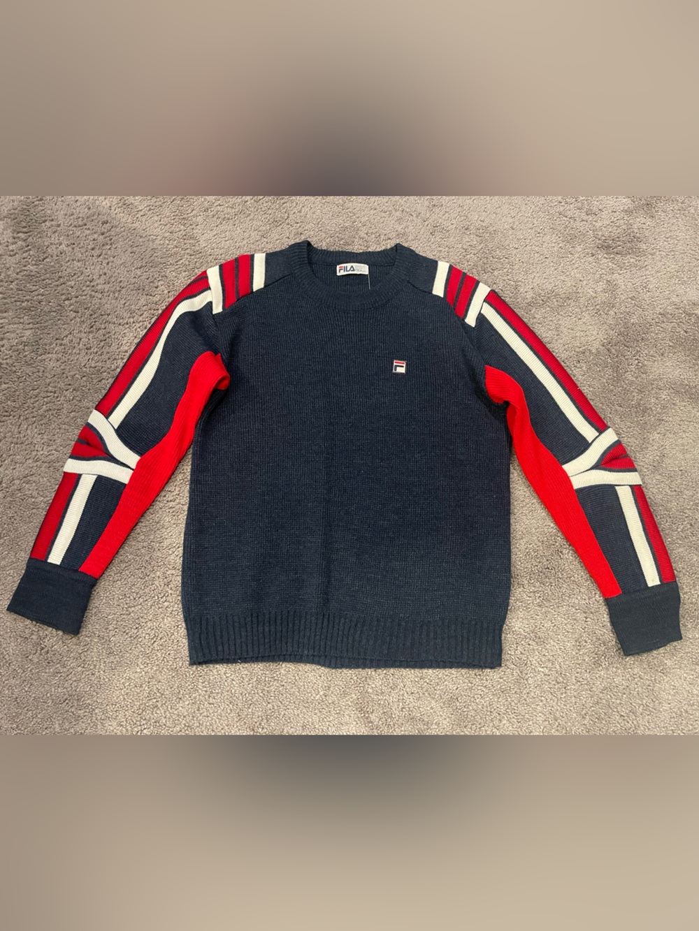 Vintage Men’s FILA 80’s 90’s Wool “Ski Sweater” — Size L — Navy/Red/White
